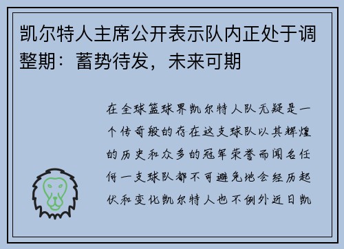 凯尔特人主席公开表示队内正处于调整期：蓄势待发，未来可期