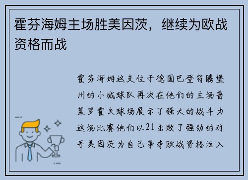 霍芬海姆主场胜美因茨，继续为欧战资格而战